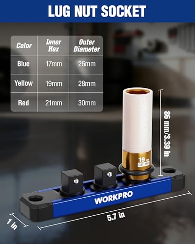 Image of WORKPRO 1 /2 inch Drive Lug Nut Impact Duty Socket Set, 3 Pieces 17-19-21mm Deep Thin Wall Socket Set, Made of Premium Cr-Mo Steel, Non-Marring Lug Nut Wheel Sockets for Car