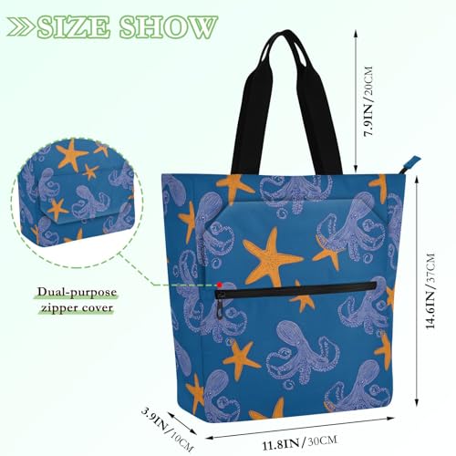 Octopus Starfish Tote Bag for Book Lovers Reusable Bags with Zipper Pocket for School Work Shopping2