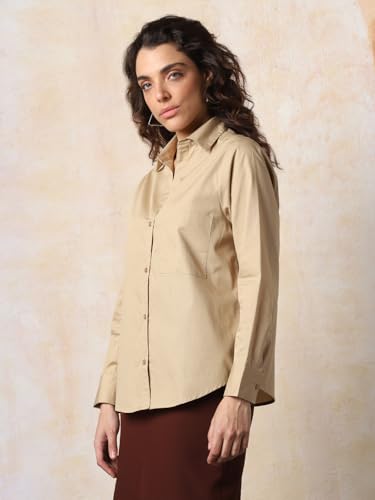 Image of HIGH Star Oversized Solid Cotton Shirt for Women | Stylish Tops for Women | Comfortable and Trendy Casual Shirt
