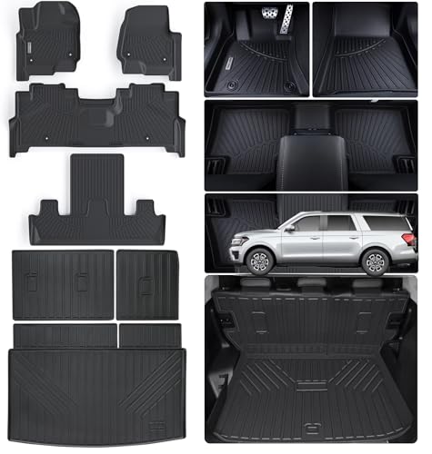 Floor Mats for Ford Expedition MAX 2018-2024 (Only Fit 7 Seats-2 Row Bucket Seat Non Short) & Trunk Mat All Weather Protection Floor Liners & Cargo Liners Velcro Covering The Backrest Accessories
