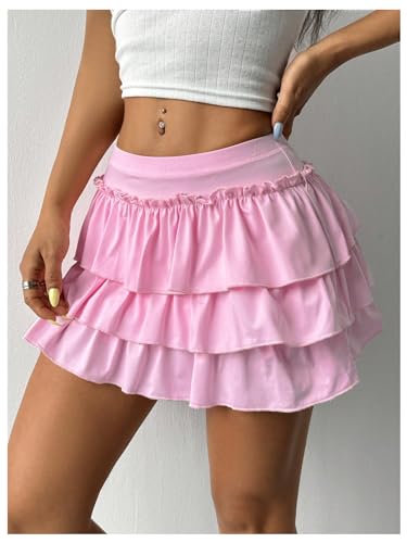 Women's Bow Back Mini Skirt Elastic Low Waist Layered Ruffle Hem Short Cake Skirts4