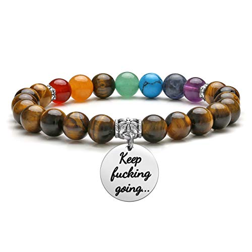 Jovivi 7 Chakra Bracelet Natural Gemstone Tiger Eye Healing Crystals Stone Bracelet Keep Going Inspirational Mala Yoga Message Charm Stretch Bracelets