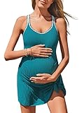 Summer Mae Ribbed Maternity One Piece Swim Dress Pregnancy Swimsuit with Built-in Bottom Swimwear Tie Knot Skirt Bathing Suit Turquoise 6-8