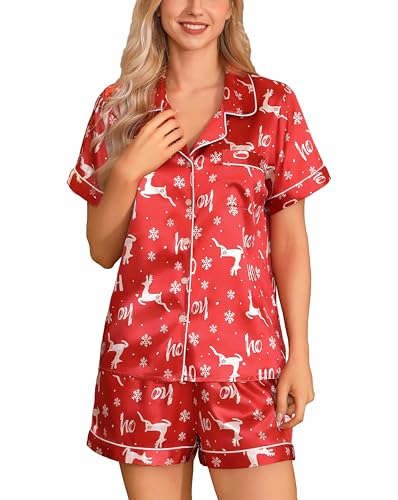 Samring Red Satin Pjs Short Sleeve Christmas Pajamas for Women Red Elk Christmas M