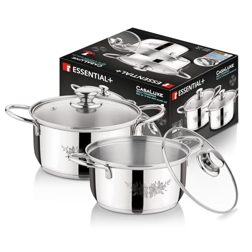 Image of Essential Plus by Bergner 4 Pcs Stainless Steel Cooking Pots Set - 16cm /1.6L Casserole with Glass Lid and 18cm /2.3L Casserole with Glass Lid, Less Oil Use, Healthy Cooking - Induction Bottom