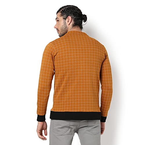 Image of Campus Sutra Men's Rust Orange Checked Textured Regular Fit Cotton Jacket For Winter Wear | Round Neck Collar | Full Sleeve | Zipper | Casual Jacket For Man | Western Stylish Jacket For Men