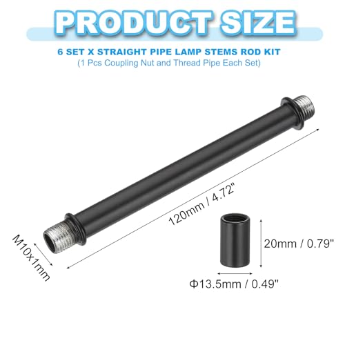 Image of PATIKIL Straight Pipe Lamp Stems Rod Kit, 6 Set M10 Carbon Steel 120mm(4.72 inch) Long Double End Thread Rod with Coupling Nuts Sleeve Connector for Table Lamps Chandeliers, Black