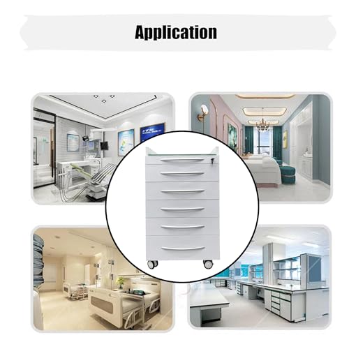 BREVELTION 5 Drawer Mobile Dental File Storage Cabinet Stainless Steel White Medical Assistant's Cabinet Utility Cart Glass Countertop with Lock and Wheels and Storage Tray for Office Hospital School