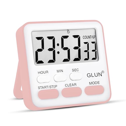 Image of GLUN Digital Kitchen Timer with Clear Loud Alarm for Cooking, Stop Watches Timer Clock with Alarm & Magnetic Back, LCD Backlit Display, Classroom for Kids & Teachers Pink Back