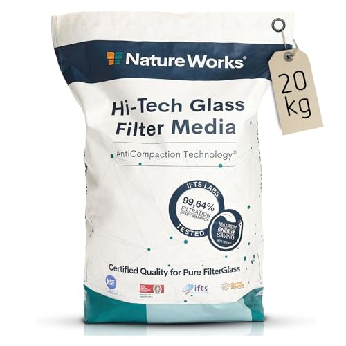 Nature Works Hi-Tech - Cristal filtrante (20 kg, cristal filtrante natural, cristal blanco, cristal alternativo ecológico a arena filtrante, diámetro de grano 0,8 mm, 0,8 mm)