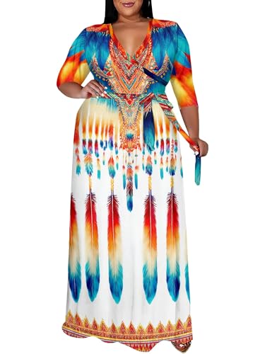 Image of SUZONANA Plus Size Maxi Dresses for Curcy Women Casual Loose 3 /4 Sleeve Long Dress with Belt