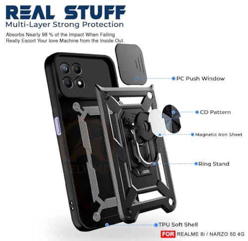 Image of Armor Bumper Back Cover Case for Realme 8i / Narzo 50 4G Rotating Camera Cover, Ring Holder & Kickstand | Heavy Duty & 360 Degree Protection Realme 8i / Narzo 50 4G Back Cover (Black)