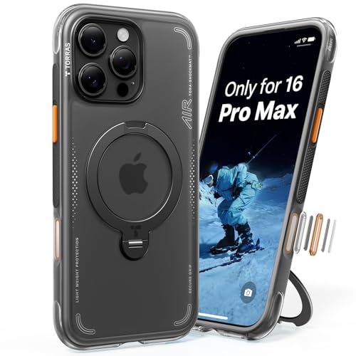 Image of TORRAS Ostand Q3 Air Original for iPhone 16 Pro Max Case, 360 Magnetic Stand, MagSafe Compatible, Mil-Grade Drop Tested, Camera Control Button, Shockproof for 16pro Max Cover, Black