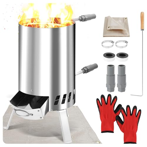 Ansobea Poolheizung Feuer,Brennholz Poolheizung Feuertonne mit Heizspirale,Edelstahl Poolheizung Holz,32-38mm Anschlüsse,Poolofen mit Feuerfeste Matte und Tablett,Pool Heizung Erhöhter Sockel