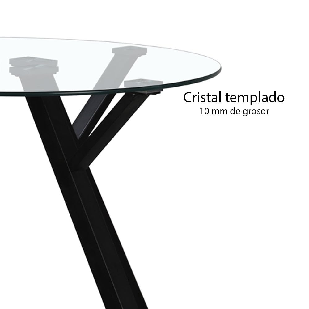 LOLAhome Mesa de Comedor Redonda Elsa para 6 Personas de 120 cm. Estructura Resistente de Metal Negro y Tablero de Cristal Templado. Diseño Ligero y contemporáneo.