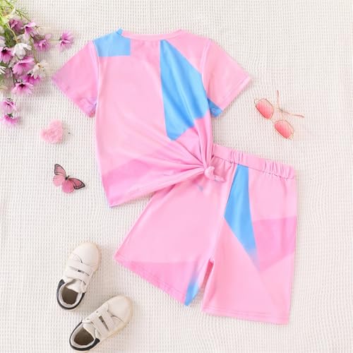 Image of 7-14Y Tween Girl Clothes 2 Piece Short Sleeve Tie Dye Heart Print Top and Shorts Teen Girl Summer Outfits Short Set