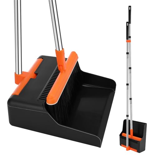 Gowkeey Escoba y Recogedor Plegable, Recogedor Plegable de Pie y Escoba con Giratorio de 180 Grados Cabeza para el Barrido de Limpieza del Hogar (Naranja Negro)