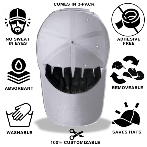 Golf Hat Sweat Liners – Reusable Absorbent Pads, No Glue Hold, Trim-to-Fit EVA, Fits Any Hat with a Sweatband, 3-Pack Black