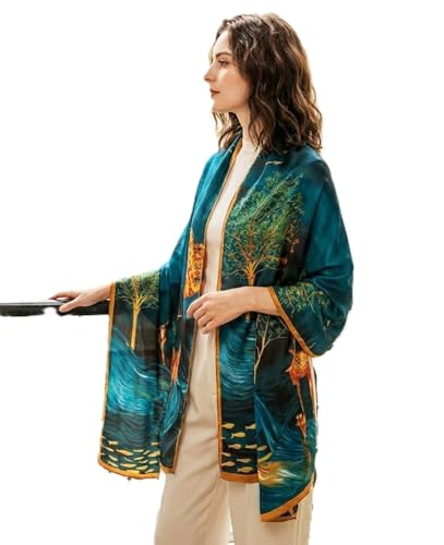 Image of Alexvyan Satin Silk Summer Scarves 180 x 84 cm, Blue Golden Dear Theme with Stitched Border, Lightweight Fashion Scarf for Women Sun Protection Stole