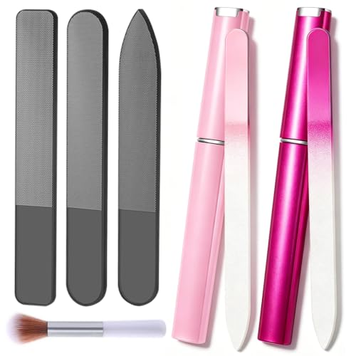 5Pcs Glass Nail File Polisher Set for Natural Nails 2Pcs Crystal Glass Fingernail Files with Case 3Pcs Nano Glass Nail Shiner Double Sided Etched Nail Buffer for Nail Care Manicure Salon Travel Home