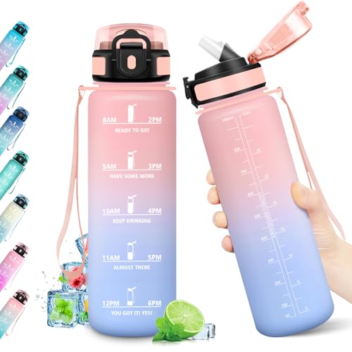 Sportflasche 1L, Trinkflasche Kohlensäure Geeignet, Auslaufsicher, BPA-frei, Trinkflasche mit Zeitmarkierung & Strohhalm, Motivierende Wasserflasche für Fitness, Schule, Fahrrad, Yoga, Camping, Sportflasche 1L, Trinkflasche Kohlensäure Geeignet, Auslaufsicher, BPA-frei, Trinkflasche mit Zeitmarkierung & Strohhalm, Motivierende Wasserflasche für Fitness, Schule, Fahrrad, Yoga, Camping,