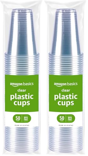 Image of Amazon Basics Disposable Clear Plastic Cups for Cold Drinks, BPA-Free, Easy to Hold, 16oz, 50 Count (Pack of 2)