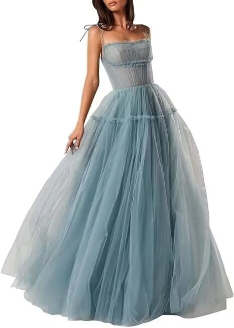 Spaghetti Straps Prom Dresses Tulle A-line Formal Evening Party Ball Gown Long for Women