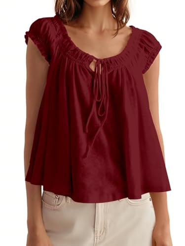 Image of Tankaneo Women Summer Tie Front Tank Tops Cap Sleeve Pleated Babydoll Tops Casual Loose Fit Going Out Flowy Shirt