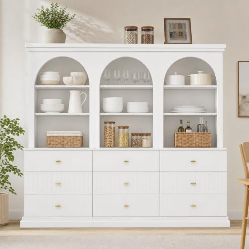 Image of ivaniti 71 inch Arched Kitchen Pantry Cabinet Set of 3 with 9 Drawers, White Freestanding Storage Hutch with Open Shelves and Gold Handles for Kitchen, Dining Room