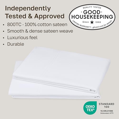 Image of California Design Den 800 Thread Count 2-Pack Pillowcases King | Soft & Thick 100% Cotton Sateen Backed by Good Housekeeping Seal, Classic Side Opening 4 inch Hem, Fits King Pillows - White