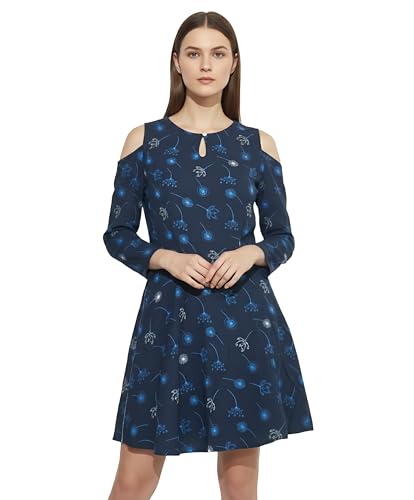 AV Fashion Studio Women's Cold Shoulder A-Line Top, Navy Blue Flo...