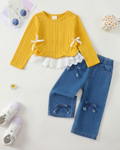 Image of Kucnuzki Toddler Baby Girl Clothes Long sleeve Fall Winter Shirt Tops Baggy Jeans Pants Set Kids Girls Outfits 2 Piece