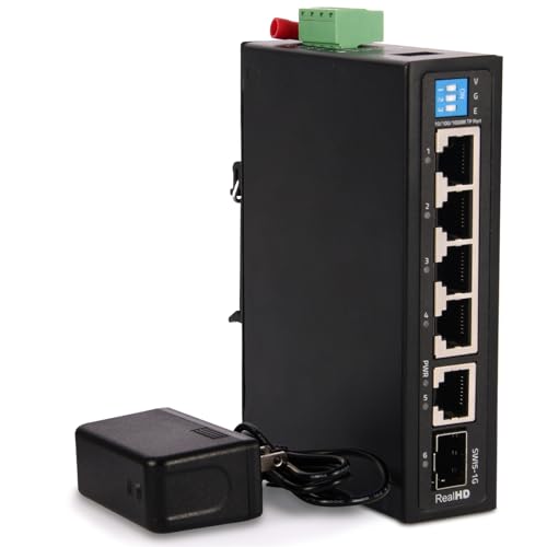 Image of Industrial Ethernet Switch, 6-Port Gigabit Ethernet Switch Hardened, 1000Mbps, 4*1 RJ45 Uplink+1 SFP Port, Din Rail & Wall Mountable (-40 to 185 F), 12Gbps Switching Capacity, with UL Power Supply