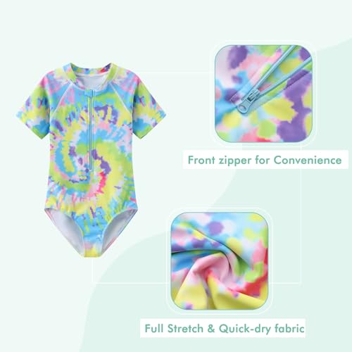 Image of Girls One Piece Swimsuits Short Sleeve Rash Guard for Girl Hawaiian Bathing Suit with Sun Protection Beachwear