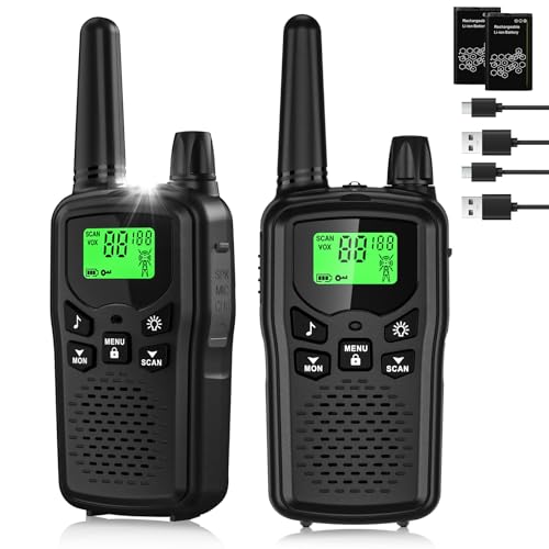 Walkie Talkies for Adults Long Range, Rechargeable Walkie Talkie 22 FRS Channels Two Way Radios with Noise Reduction, Volume Adjustment, LED Flashlight,1200mAh Rechargeable Battery (2 Pack Black)