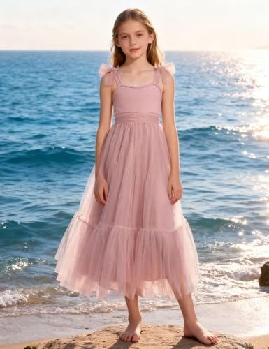 Arshiner Girls Dresses Summer Sleeveless Bow-Tie Straps Birthday Party Long Tulle Dress Pink Kids 7-8 Years — view 7