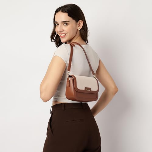 Image of Fastrack Sherpa-Panel Sling Bag for Women | Faux Leather Crossbody with Zipper Closure, Gold Hardware and Detachable Strap | Compact Textured Bag for Casual and Evening Outfits