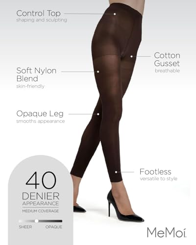 MeMoi Control Top Footless Tights, Smoothing Semi Opaque Tights for Women - Sizes Small to Queen 23