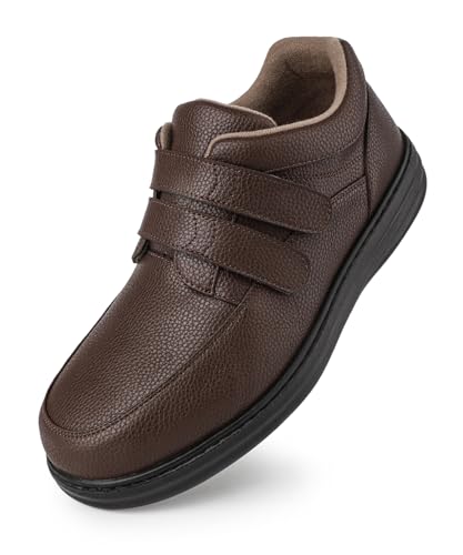 Mens Casual Business Dress Shoes Adjustable Leather Slip-On Sneakers for Diabetic & Swollen Feet Wide Comfort Walking Oxfords for Wedding & Formal Wear Easy On & Off Lightweight | Brown EU44/US11