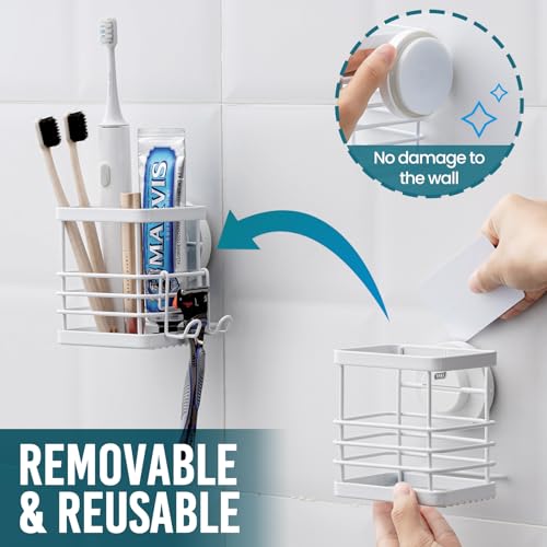 Image of TAILI Patented Suction Cup Toothbrush Holders for Bathrooms, White | Stainless Steel Toothpaste Holder with Razor Hook, Strong Suction Up to 11lbs, Anti-Puddling, No Drill Removable & Reuseable
