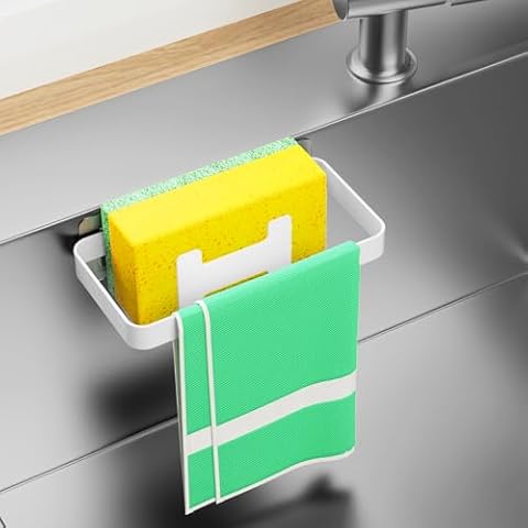 kinisa 2 in 1 Sponge Holder for Kitchen Sink Organizer, Instant Dry Sink Caddy, Sink Sponge Holder for Sponges, Brushes and Dish Cloth, Sink Rack, Stainless Steel (White) Cover