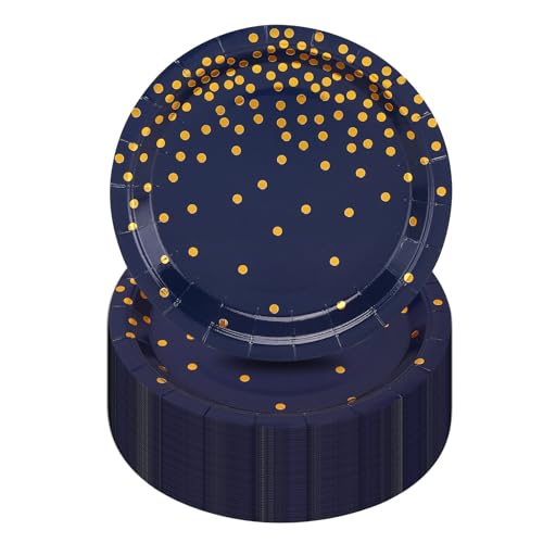 CEILWIEN Lot de 50 assiettes en carton bleu marine avec pois dorés pour fête d'anniversaire