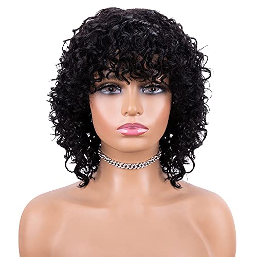 iShine Wigs for Black Women Human Hair, 12 Inch Short Jet Black Curly Wigs Human Hair Wigs with Bangs Brazilian Remy Wigs Full Head Wave Curls Wig with Hair Bangs & Free Wig Caps