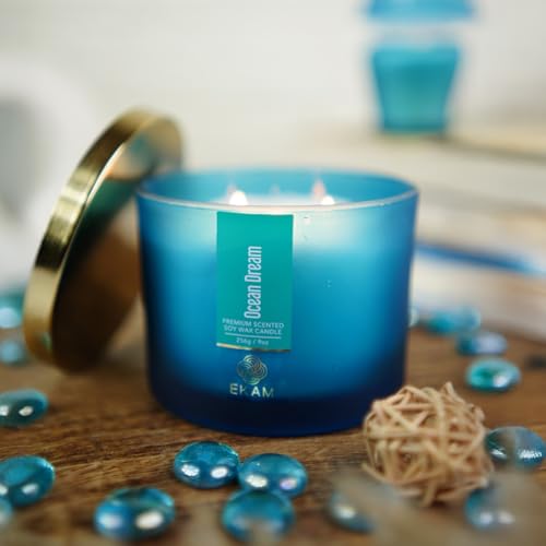 Image of EKAM | 3 Wick Soy Wax Scented Candle| 35 Hours Burn Time| Long Lasting Premium Candles| Ideal for Home Decor, Gifting & Aromatherapy| Ocean Dream Fragrance