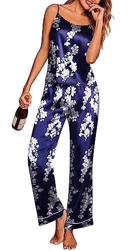 Image of Ekouaer Silk Pajamas for Women Set Tank Top Pj Sets 2 Piece Lounge Set | Satin Womens Pajama Sets Sexy Sleeveless Loungewear Long Pants Sleepwear Soft Cami Pjs Sets with Pocket S-XXL