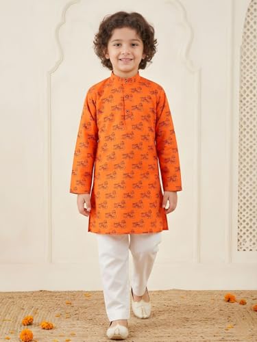 Image of AJ DEZINES Boys Cotton Full Sleeve Letter Printed Kurta Pajama Set for Kids - Ethnic wear | Special Occasion & Traditional Outfit |Boys Kurta Set - Regular Fit