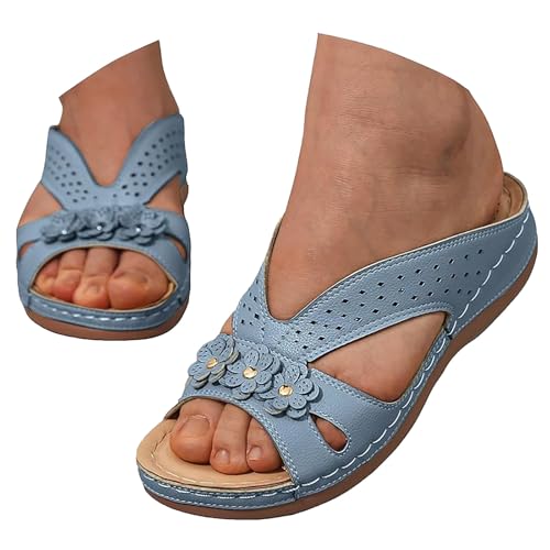 AMDOLE Sandalias cómodas para mujer con soporte de arco, zapatos de verano, playa, interiores y exteriores, ajuste ancho, sandalias de cuña retro con puntera abierta, Blue, 4.5 UK 3X-Narrow