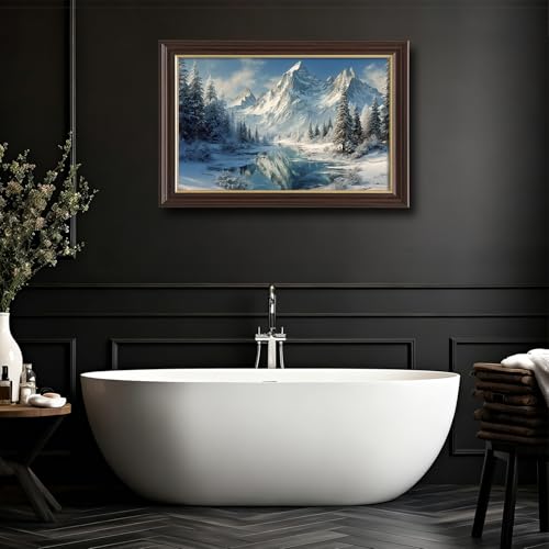 Image of Framed Vintage Snow Mountain Canvas Wall Art, Winter Pine Forest Lake Landscape Canvas Prints Pictures, Rustic Cabin Wall Decor for Living Room Bedroom Farmhouse Home Aesthetic