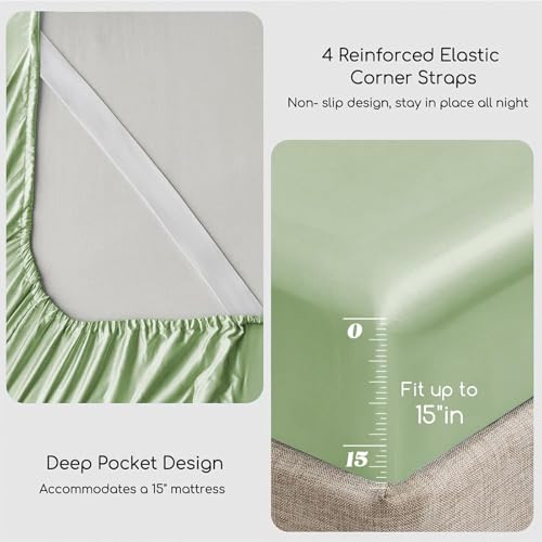 Image of MR&HM Satin Bed Sheets with Elastic Corner Straps, Full Size Sheets Set, 4 Pcs Silky Bedding Set with 15 Inches Deep Pocket for Mattress (Full, Light Sage)