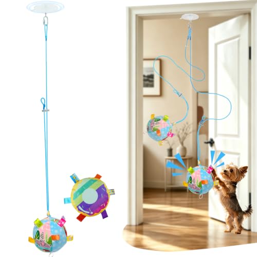 Colorful Squeaky Hanging Dog Toy 70in Bungee Tether Suction Cup with Crinkle Bell Ball Bouncing Self-Play Toy for Small Dogs Door Frame Mounted Interactive Fetch Toy for Puppy Teething & Exercise